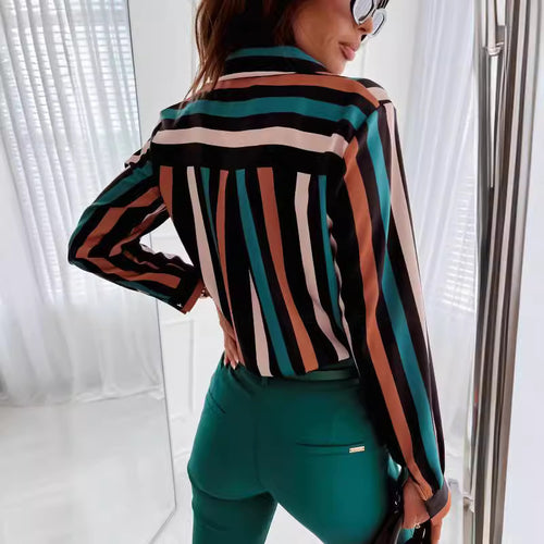 Damen Button-Up Streifenbluse mit Kontrasttaschen R&B