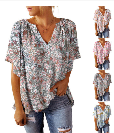 Damen Blusenshirt mit floralem Design und V-Ausschnitt R&B