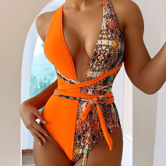 Damen Einteiliger Badeanzug mit raffinierten Schlangenprint-Details R&B