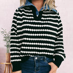 Damen Strickpullover mit tiefem V-Ausschnitt und markantem Streifenmuster R&B