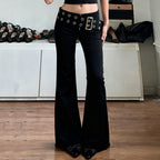 Damen Flared Jeans mit verstellbarem Gürtel und modischem Lochdesign R&B