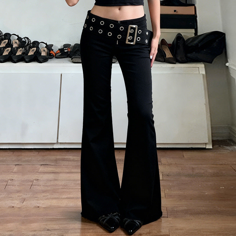 Damen Flared Jeans mit verstellbarem Gürtel und modischem Lochdesign R&B