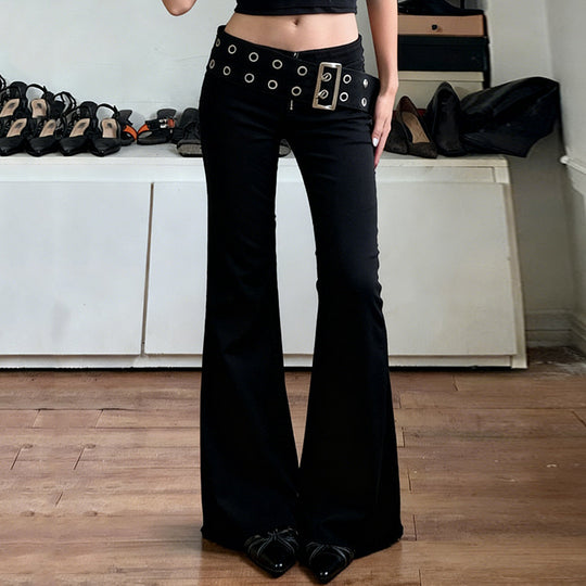 Damen Flared Jeans mit verstellbarem Gürtel und modischem Lochdesign R&B