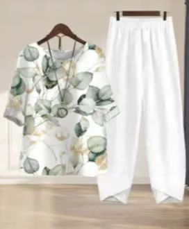 Damen nan luftiges Tunika-Zweiteiler mit botanischem Blattprint, legerer V-Ausschnitt-Bluse und elastischer Komforthose R&B