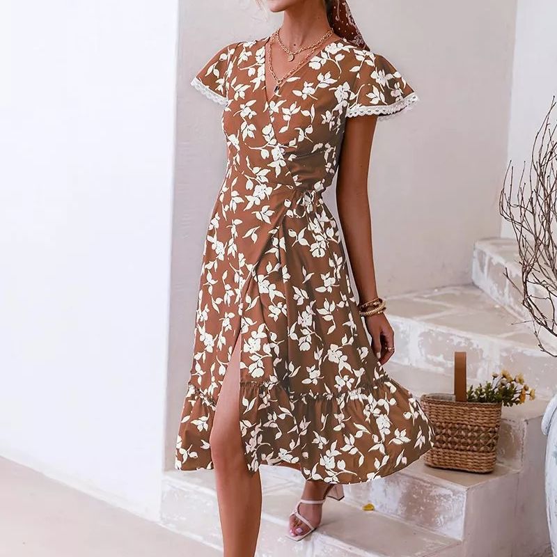 Damen Maxikleid mit floralem Motiv und hohem Schlitz R&B
