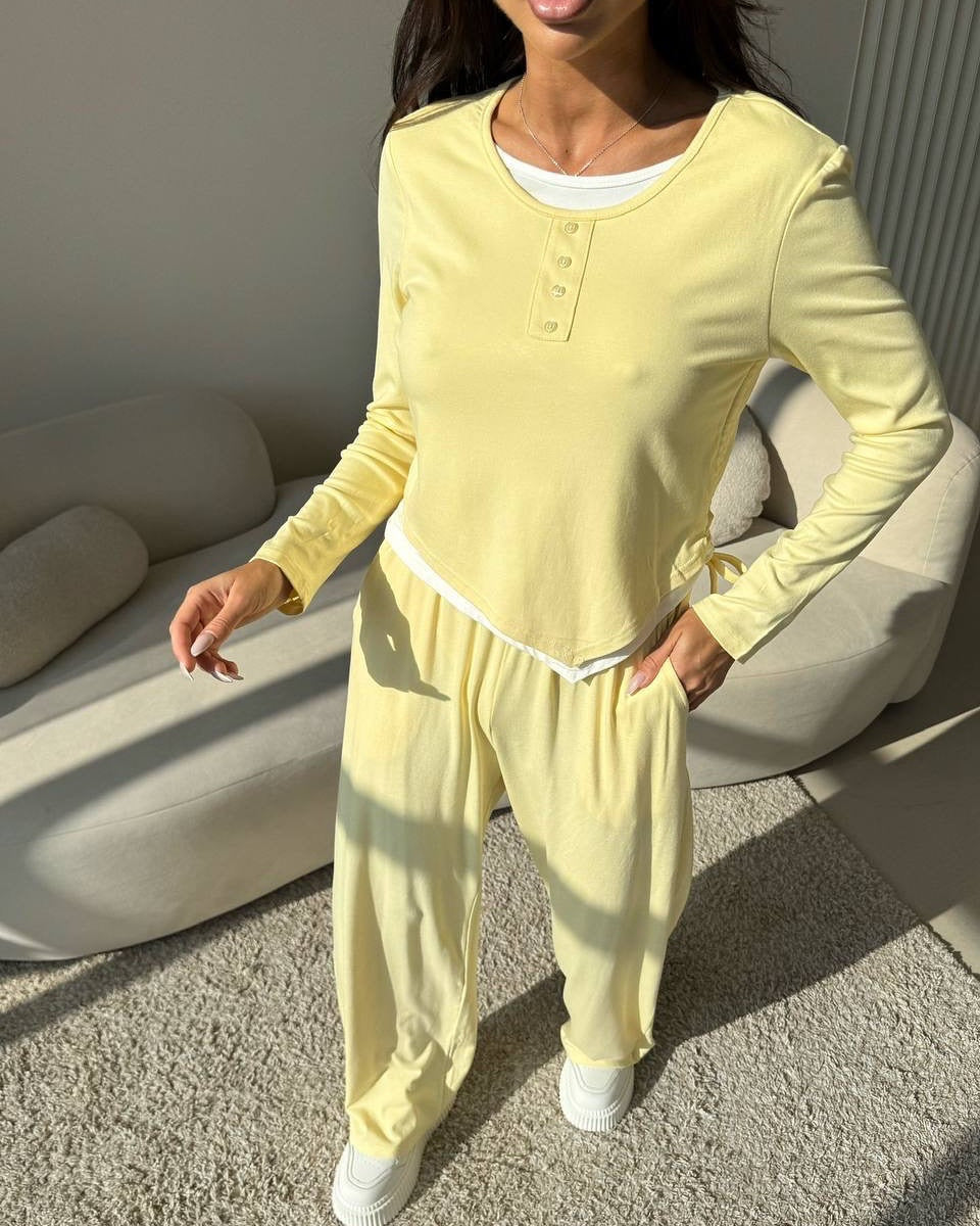 Damen lässiges Freizeit-Set mit Knopfdetails und elastischem Bund R&B