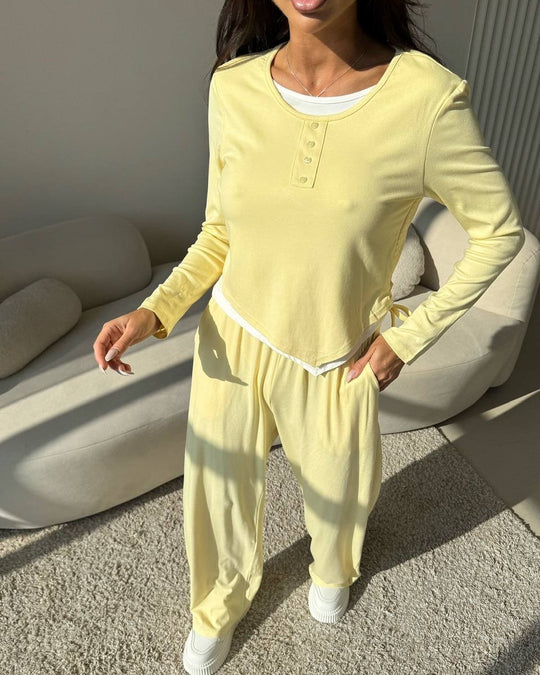 Damen lässiges Freizeit-Set mit Knopfdetails und elastischem Bund R&B