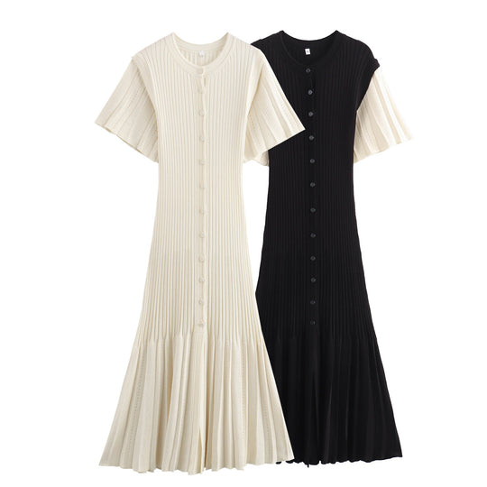 Damen Midi-Kleid mit elegantem Rüschensaum und feiner Knopfdetailierung R&B