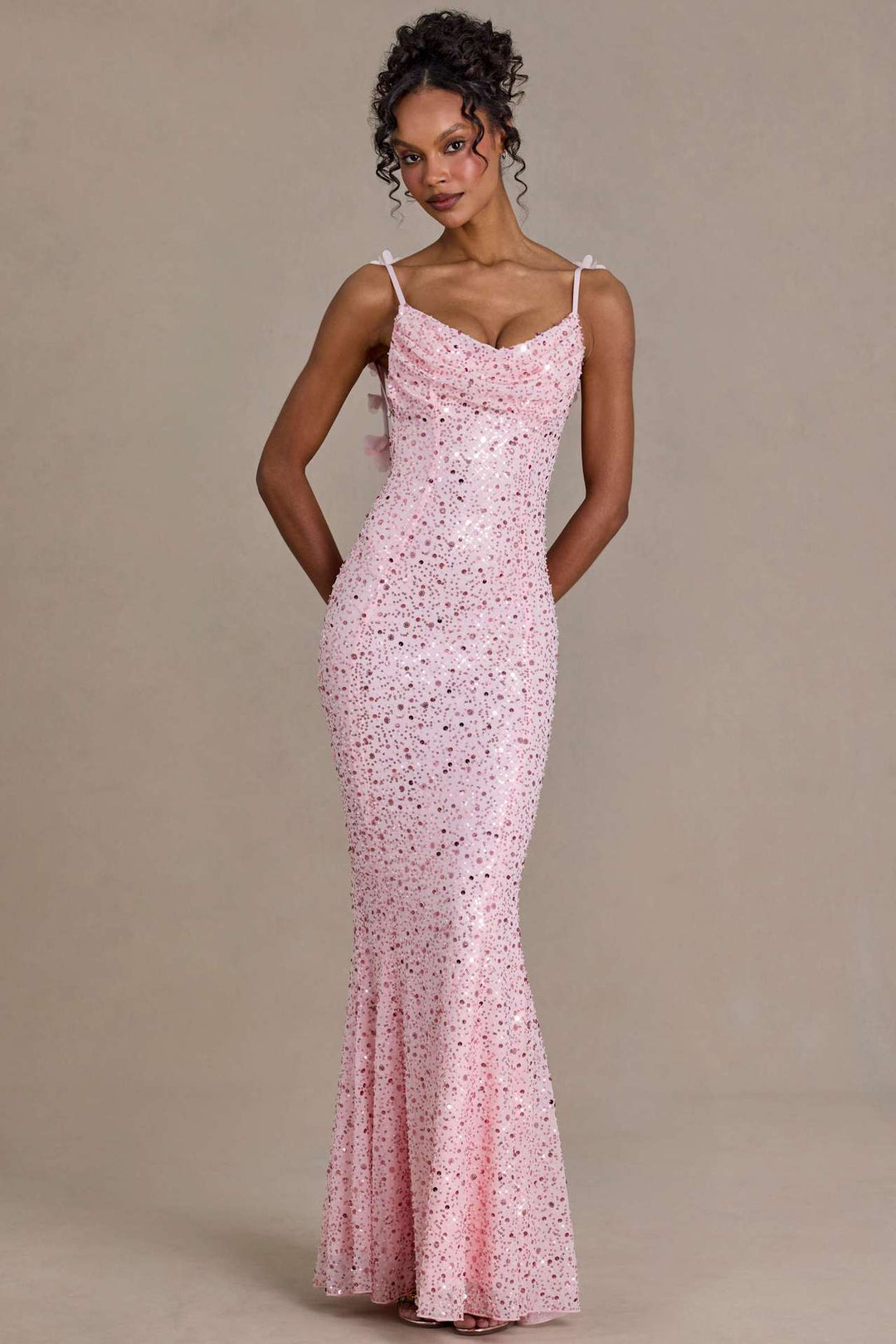 Damen elegantes Pailletten-Maxi-Kleid mit schickem Wasserfallausschnitt und figurbetonter Silhouette R&B