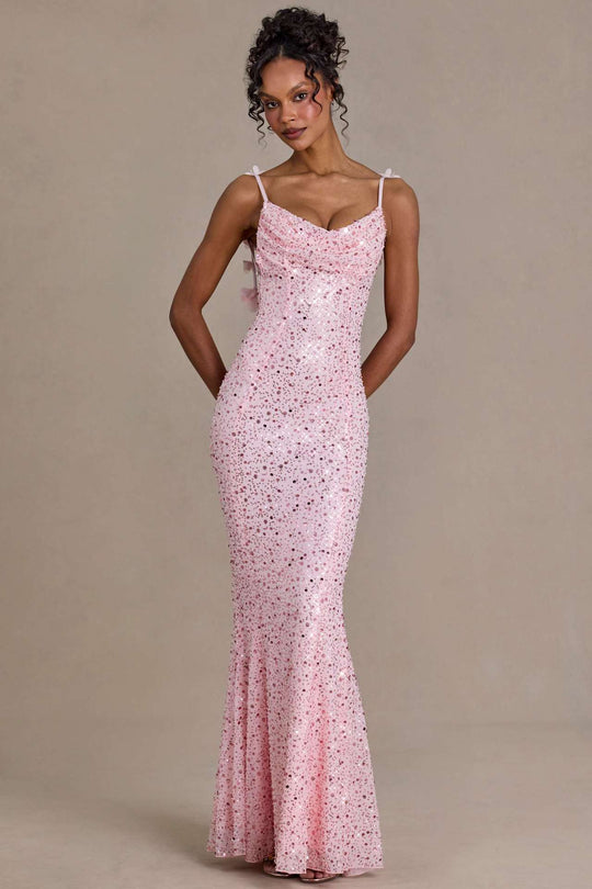Damen elegantes Pailletten-Maxi-Kleid mit schickem Wasserfallausschnitt und figurbetonter Silhouette R&B