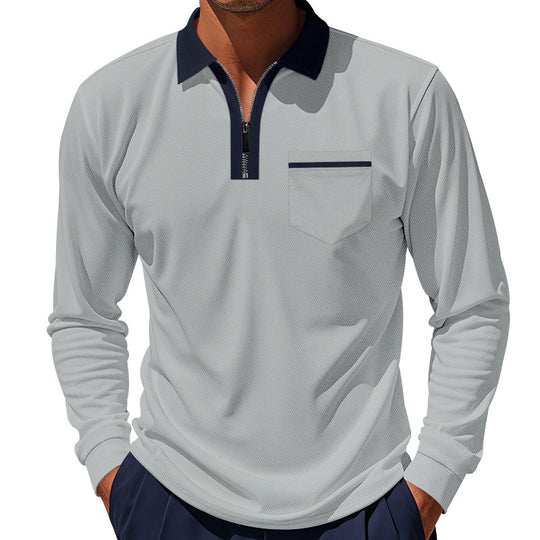 Herren Modisches Langarm-Polohemd mit Reißverschluss und Brusttasche R&B