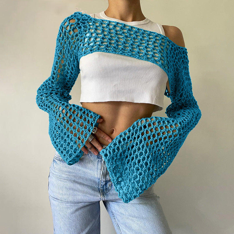 Damen gehäkeltes Langarm-Top mit Off-Shoulder-Design R&B