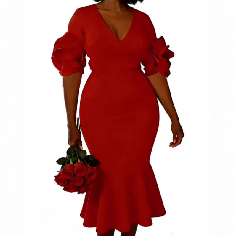 Damen figurbetontes Kleid mit voluminösen Rüschenschultern R&B