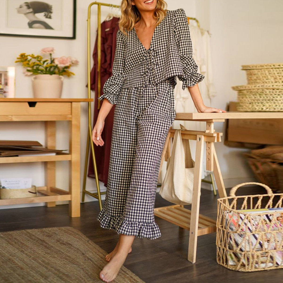 Damen Karierter Pyjamaanzug mit Rüschendetails R&B