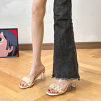 Damen elegante Mules mit geschwungenem Riemchen und durchsichtigen Blockabsatz R&B