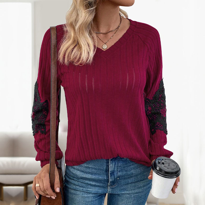 Damen Strickpullover mit Spitzenärmeln und V-Ausschnitt R&B