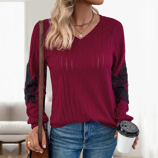 Damen Strickpullover mit Spitzenärmeln und V-Ausschnitt R&B