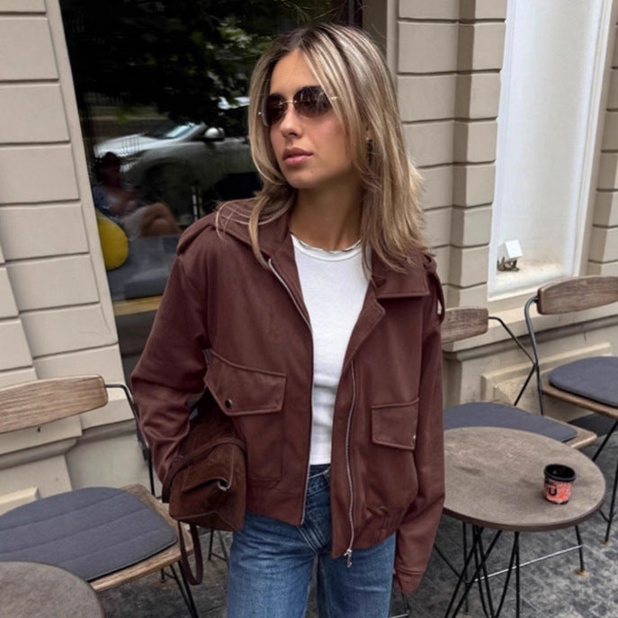 Damen Modische Suede Bomberjacke mit praktischen Taschen und Reißverschluss R&B