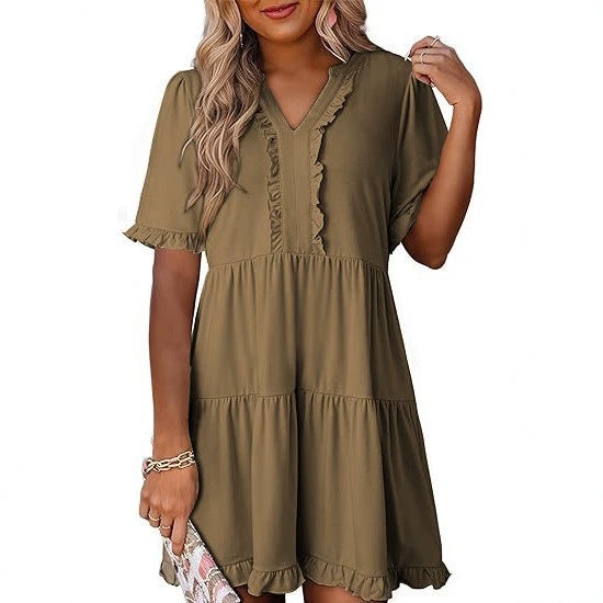 Damen nan leichtes Swingkleid mit V-Ausschnitt, gestufter Rockpartie und zarten Volants R&B