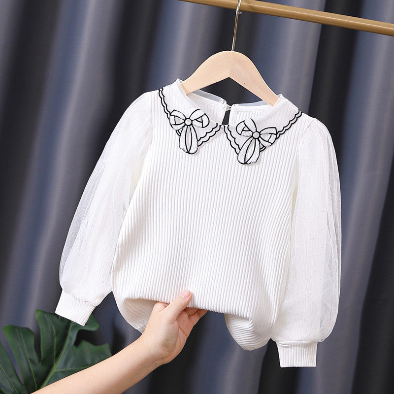 Mädchen Bluse mit transparenter Puffärmel und besticktem Kragen R&B
