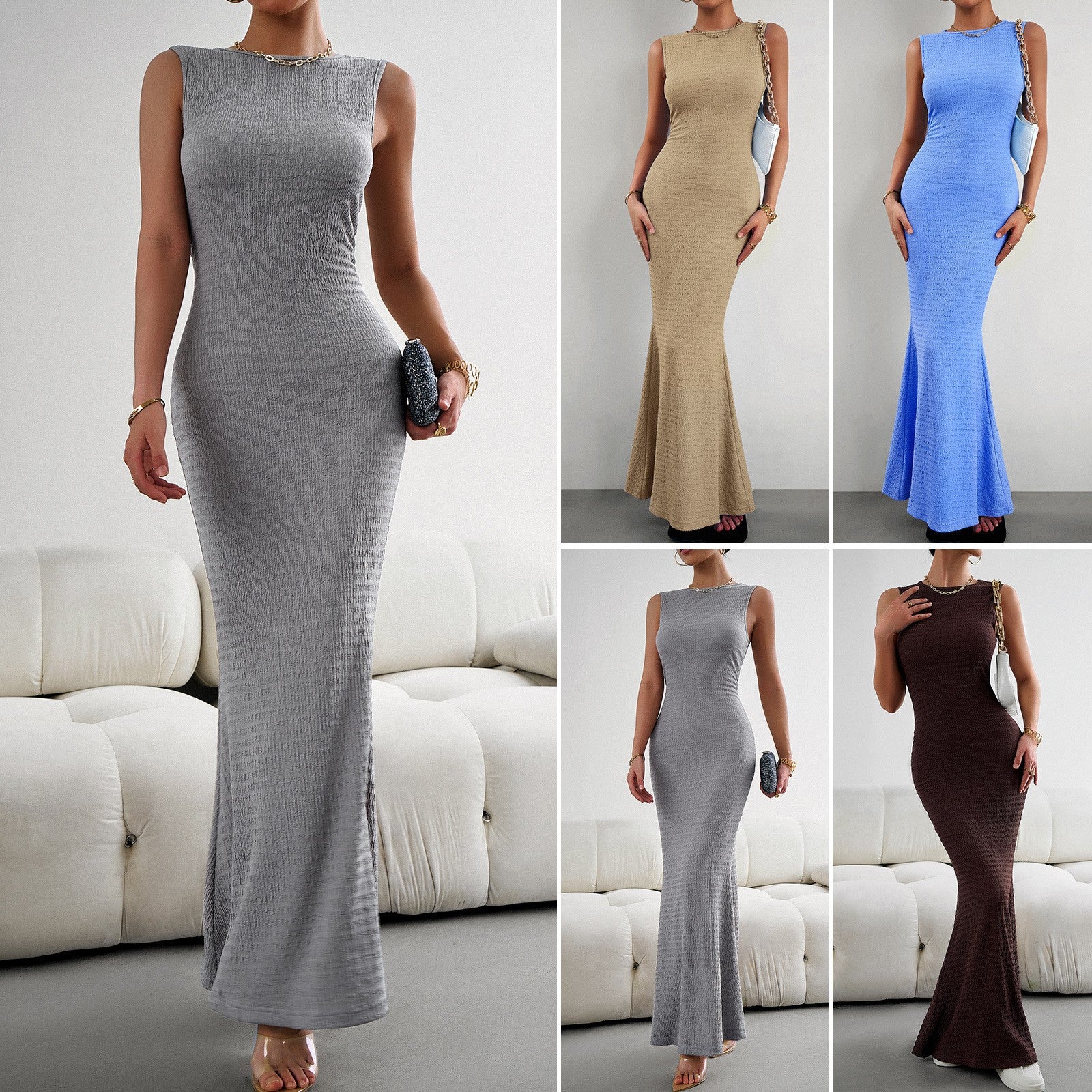 Damen figurbetontes Langarmkleid mit hohem Schlitz und elastischem Saum R&B