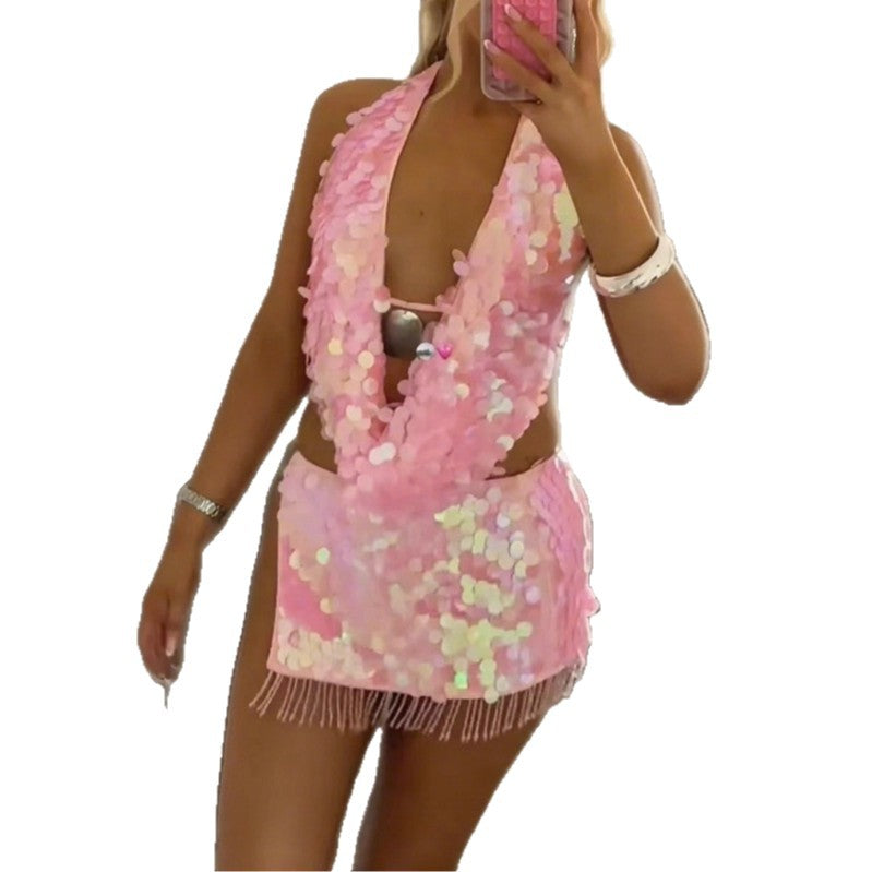 Damen Glamouröses Strandkleid mit Pailletten und Fransen R&B