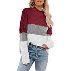 Damen farbenfroher Strickpullover mit strukturiertem Muster und hohem Kragen R&B