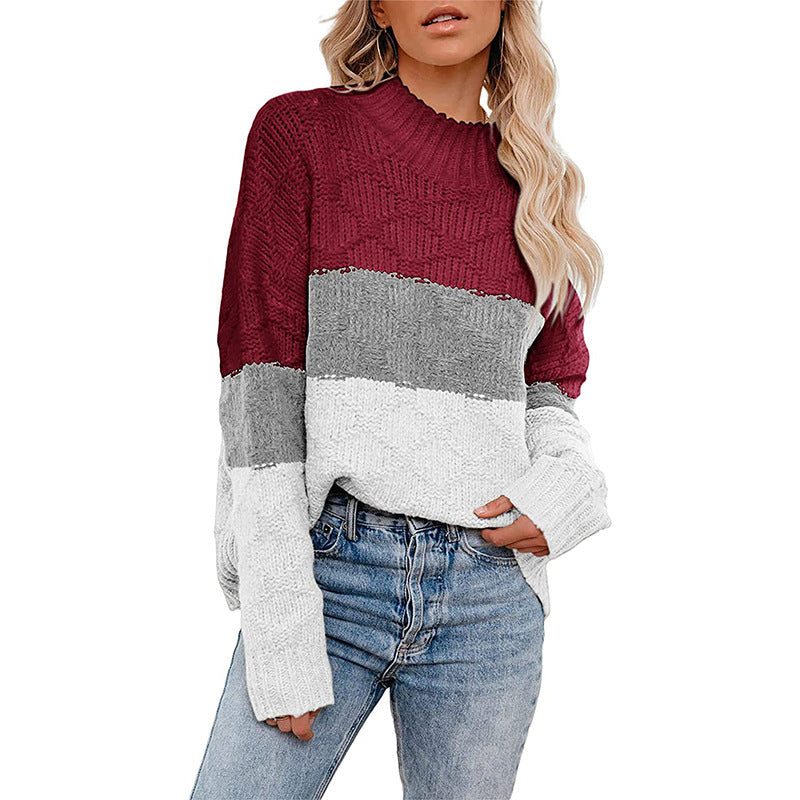 Damen farbenfroher Strickpullover mit strukturiertem Muster und hohem Kragen R&B
