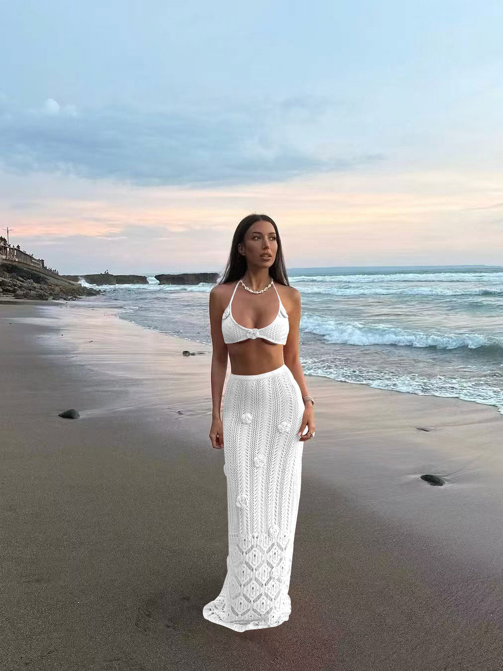 Damen Häkel-Strandkleid mit Kapuzenshirt R&B
