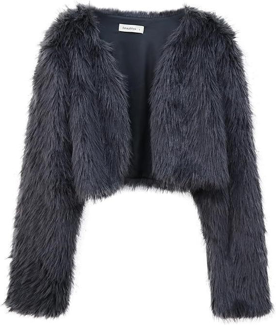 Damen Kurze glamouröse Kunstfelljacke mit lockeren Ärmeln R&B