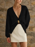 Damen modischer Strickcardigan mit tiefem V-Ausschnitt und dekorativem Knopf R&B