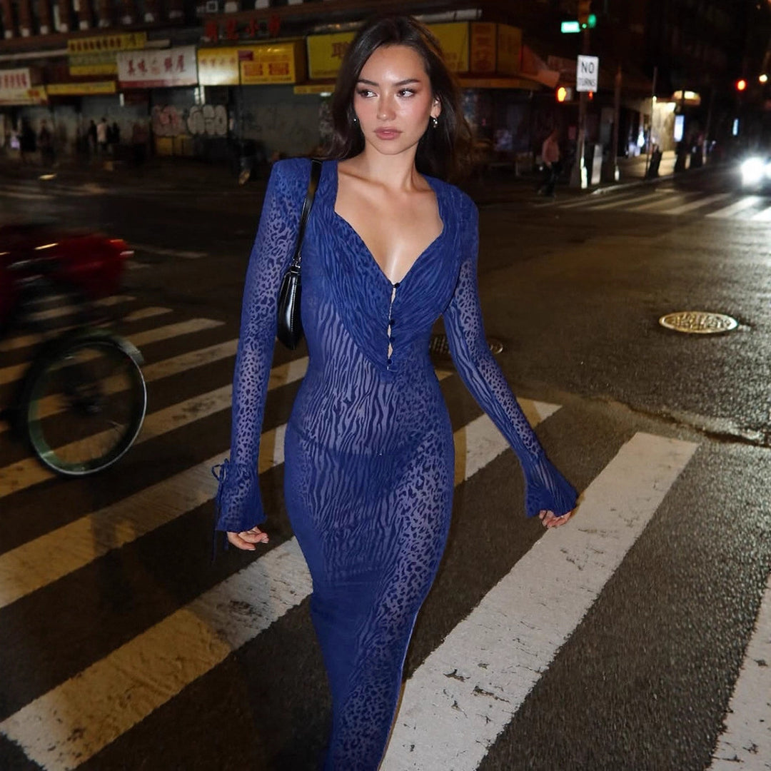 Damen elegantes Maxikleid mit tiefem V-Ausschnitt und verspielten Rüschendetails R&B