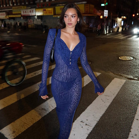 Damen elegantes Maxikleid mit tiefem V-Ausschnitt und verspielten Rüschendetails R&B