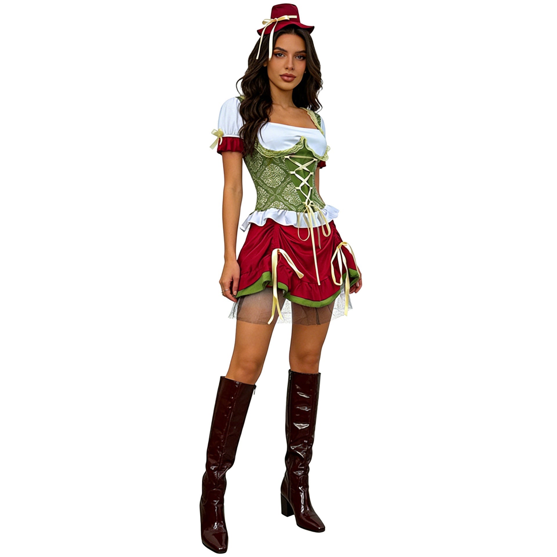 Damen nan kurzes Dirndl Trachtenkleid mit Schnürcorsage, Spitzenkragen und gerafftem Rock R&B