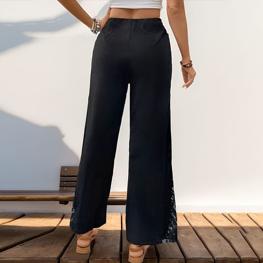 Damen Weite Stoffhose mit eleganter Spitze und hohem Bund R&B