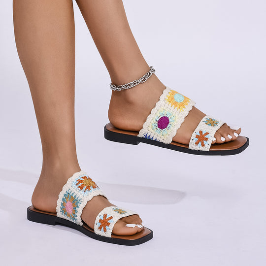 Damen Sommer-Sandalen mit floralem Häkelmuster und bequemer Sohle R&B