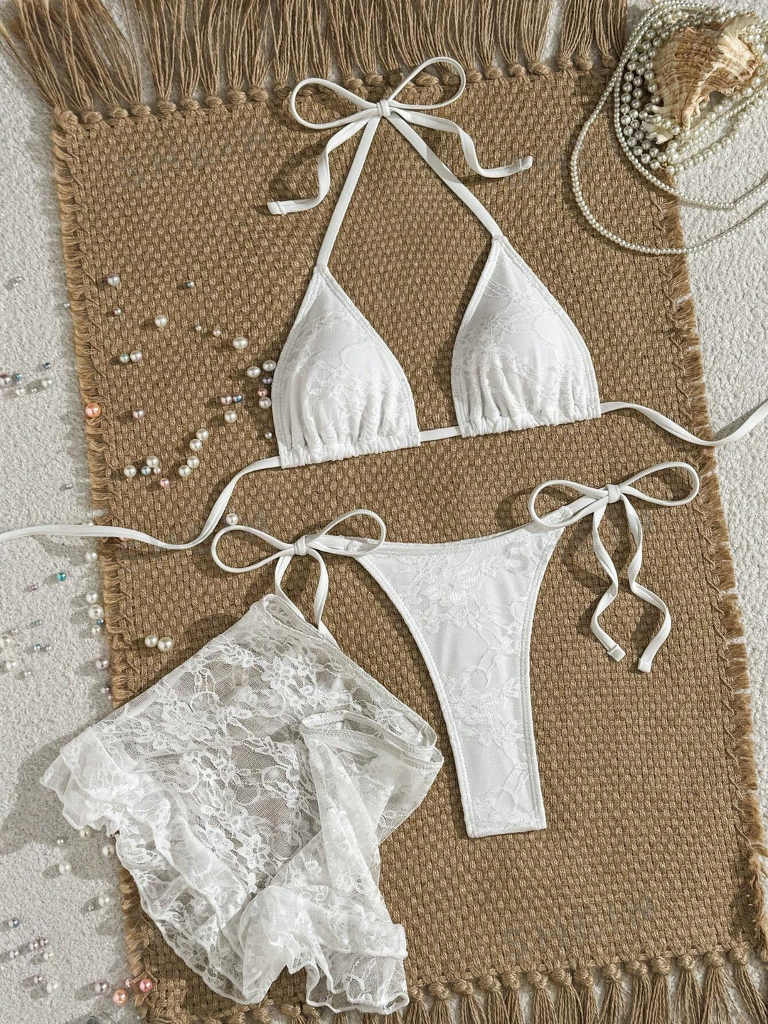 Damen Spitzen-Bikini mit floralem Design und fließendem Rock R&B