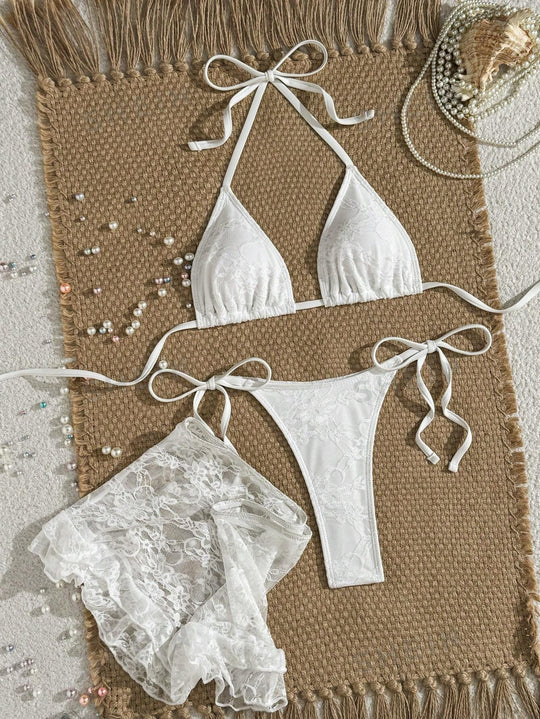 Damen Spitzen-Bikini mit floralem Design und fließendem Rock R&B