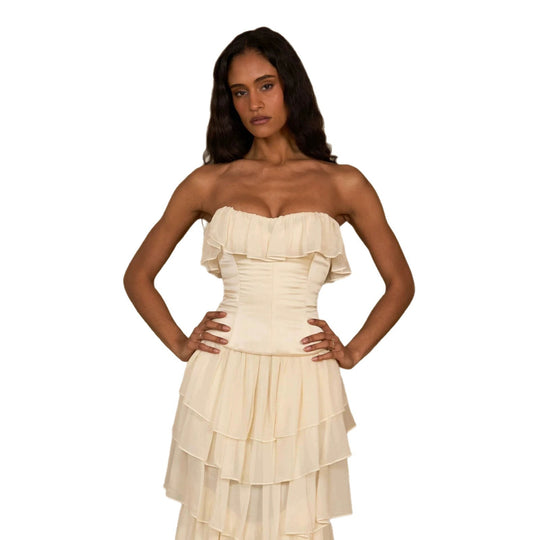 Damen Elegantes, schulterfreies Maxikleid mit fließenden Rüschen R&B
