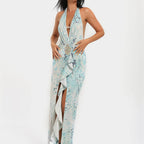 Damen Maxi-Kleid mit raffinierten Drapierungen und dekorativer Satineinfassung R&B