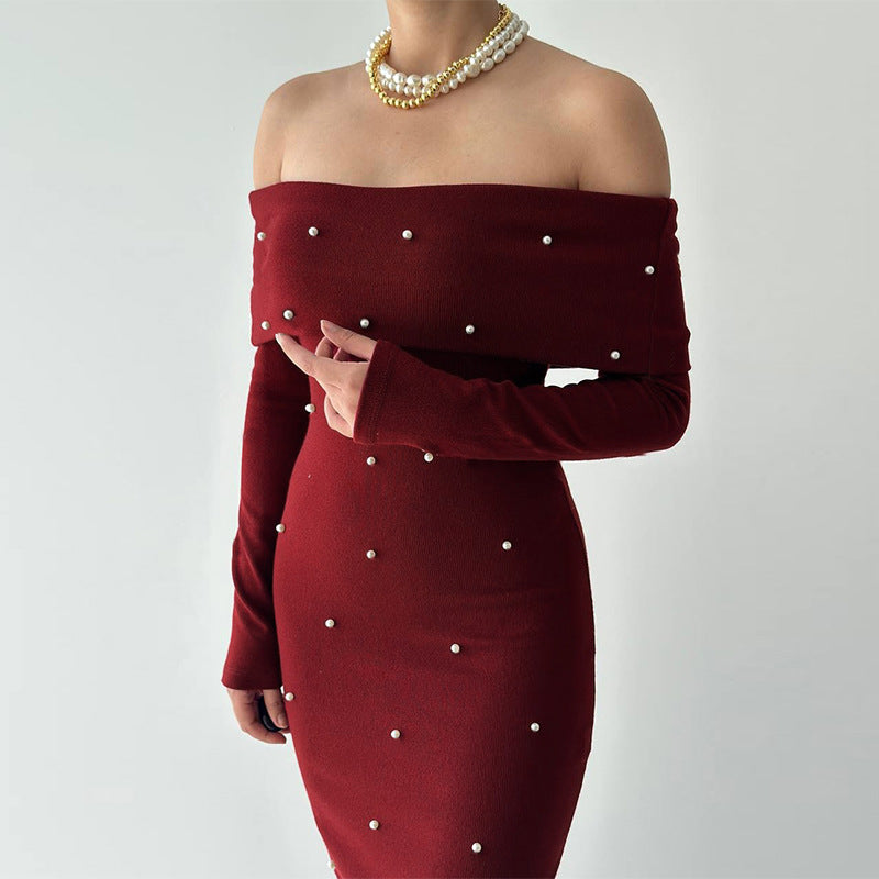 Damen schulterfreies Maxikleid mit eleganter Perlenverzierung und figurbetontem Schnitt R&B