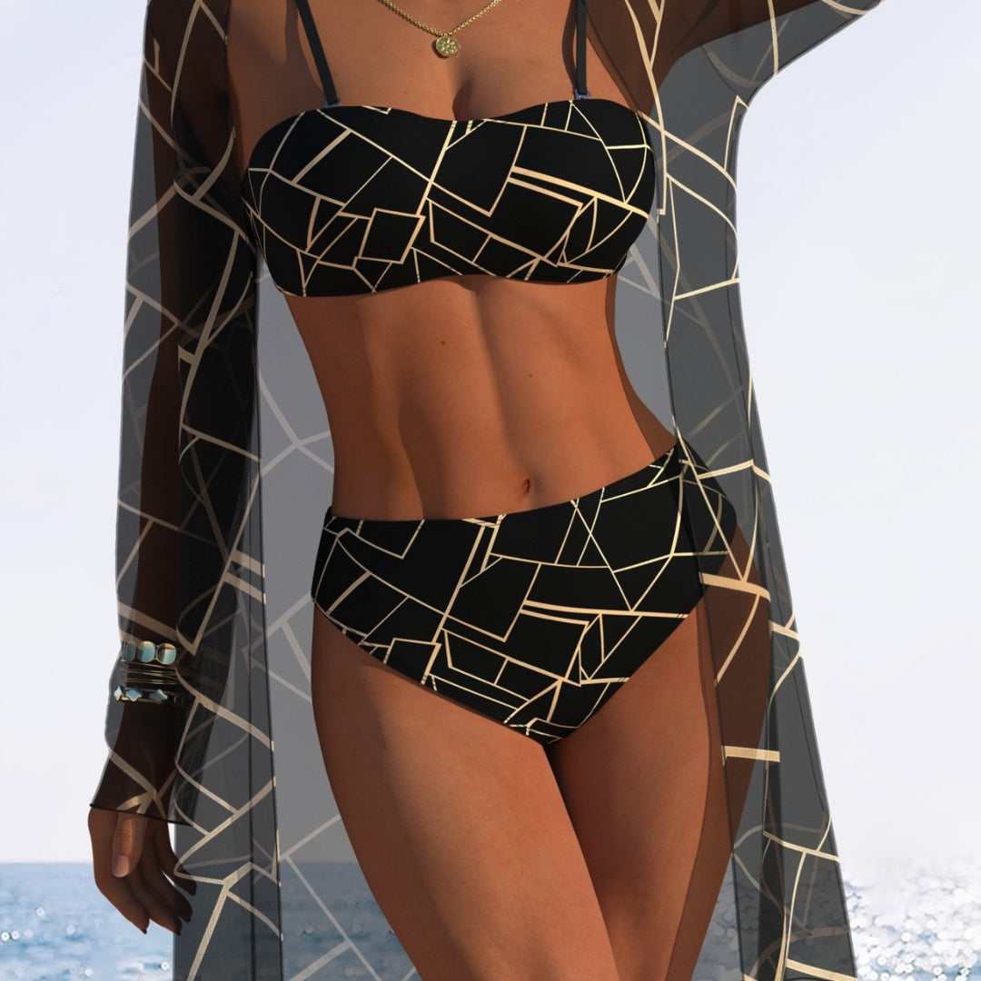 Damen Bikini-Set mit floralem Design und transparenter Strandjacke R&B