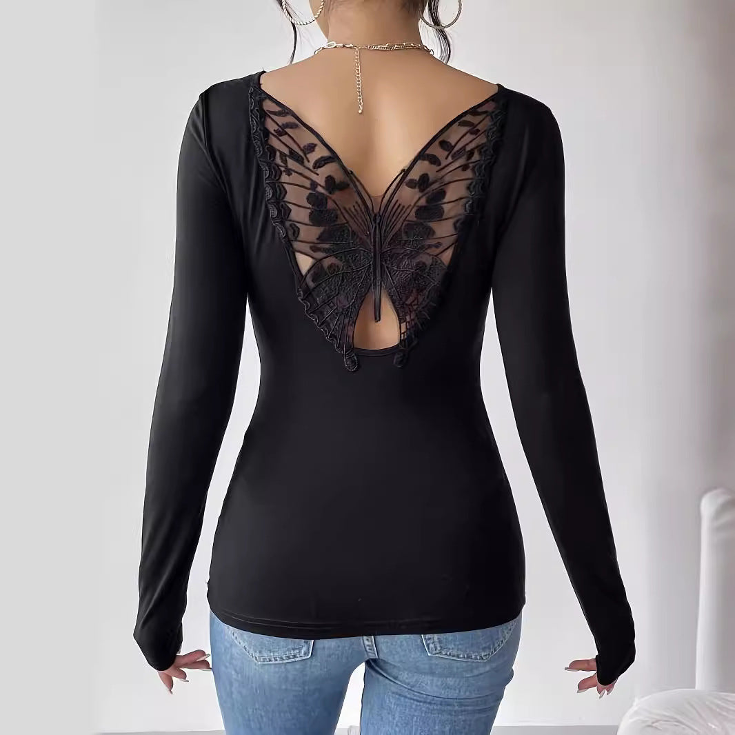 Damen Langarm Bodysuit mit eleganter Rückenausschnitt-Optik und bezaubernden Spitzenakzenten R&B