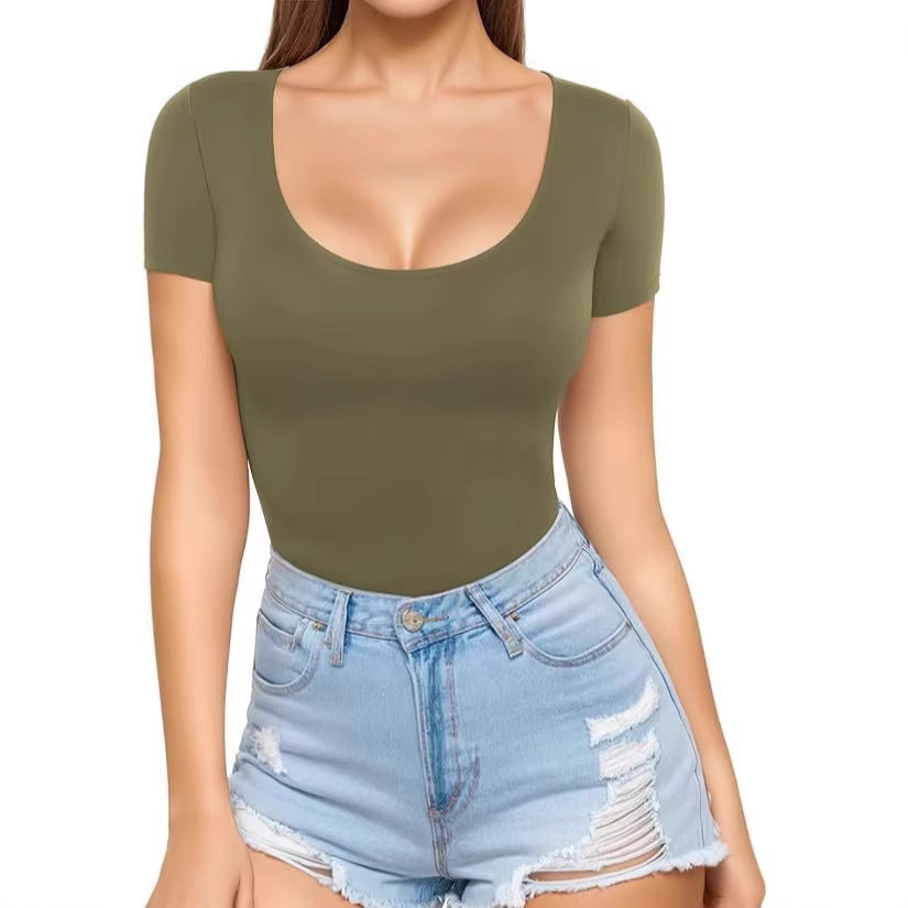 Damen figurbetontes Kurzarm-Body mit rundem Ausschnitt und nahtlosem Design R&B