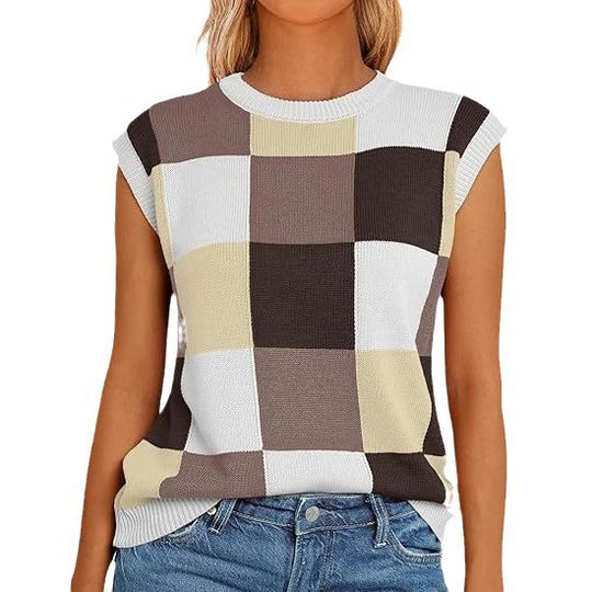 Damen lässiges ärmelloses Pullover-Top mit karierter Musterung R&B