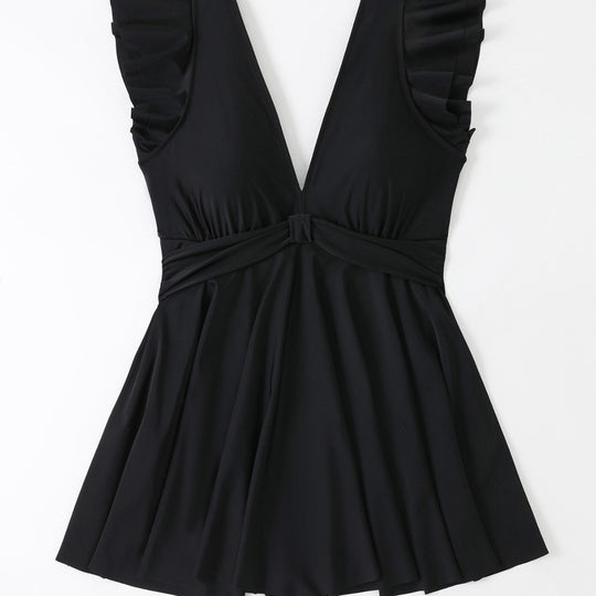 Damen Strandkleid mit leichtem V-Ausschnitt und voluminösen Rüschendetails R&B