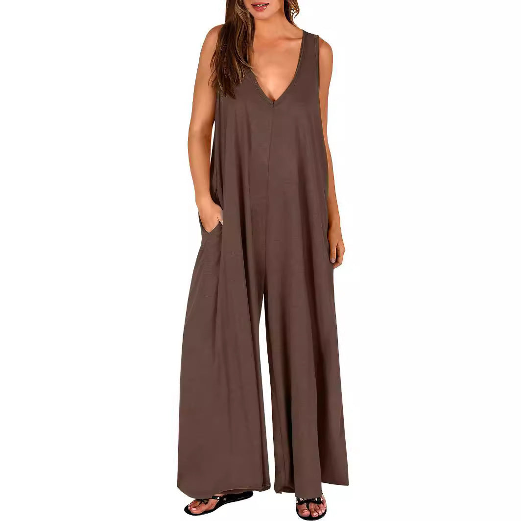 Damen Lockerer Jumpsuit mit tiefem V-Ausschnitt und seitlichen Taschen R&B