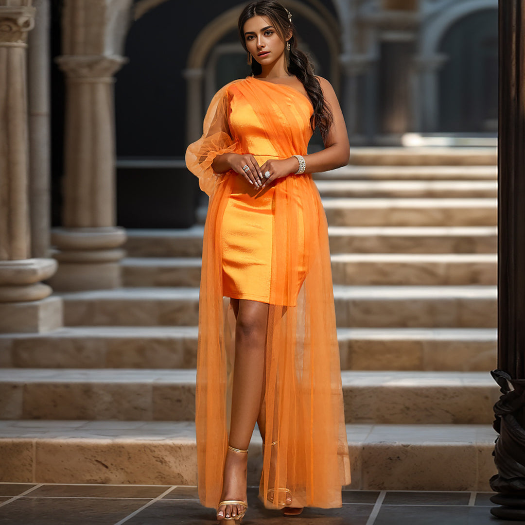 Damen elegantes One-Shoulder Kleid mit transparentem Tüllüberwurf R&B