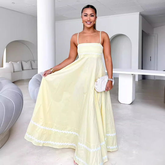 Damen luftiges Langkleid mit zarten Rüschendetails und verstellbaren Spaghettiträgern R&B
