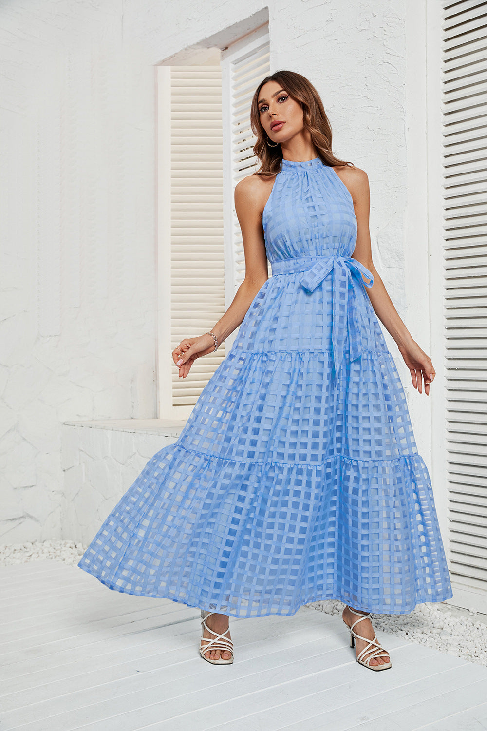 Damen Maxikleid mit elegantem Halterneck und luftigen Rüschen R&B